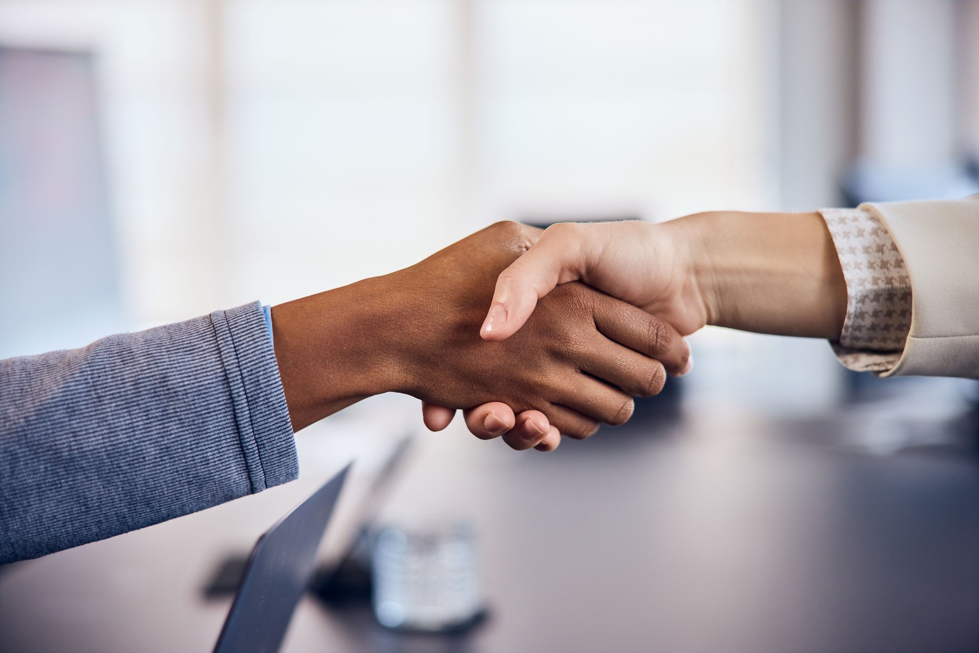 Close-up of a black female shaking hands with a white female, working together.